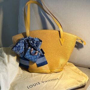 Louis Vuitton Epi Yellow Tote with Blue scarf and denim novelty bag charm